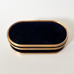 Vtg Upholstered Jewelry Box Navy Blue Velvet w/ Brass Framing & Interior Mirror