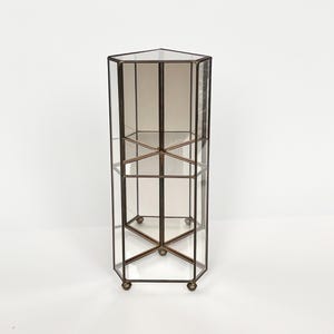Może przedstawiać: Wysoka, sześciokątna szklana gablota z ciemną metalową ramą. Szafka posiada wiele szklanych półek i stoi na małych, dekoracyjnych nóżkach. Przezroczyste szkło pozwala na pełną widoczność zawartości.