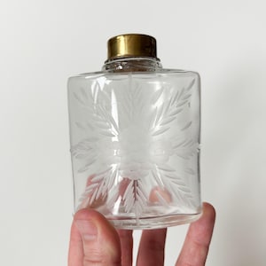 Antique French Perfume Bottle w/ Etched Floral Design & Brass Screw Cap