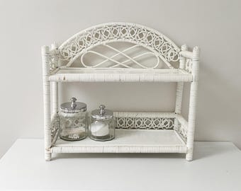 Vtg Bamboo Wicker Shelf 2 Tiers Floating or Tabletop w/ Arched Crown & Chainlink Detail