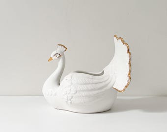 Vintage Bassano påfågelkruka med handmålade gulddetaljer i jugendstil