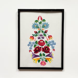 Retro Floral Crewel in Gold Frame Colourful Vintage Handmade Wall Art