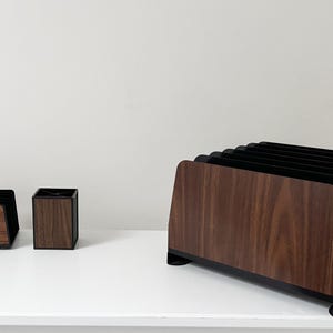 1980s Faux Bois Desk Set Mail & Document Organizers and Pencil Cup w/ Wood Veneer