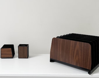 1980年代のFaux Boisデスクセット、メール＆書類オーガナイザー、木製