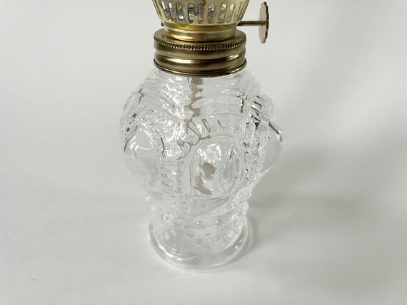 Vtg Glass Oil Lamp W/ Pressed Tapered Font & Ruffled Chimney Small Kerosene Lantern  Wick Included 