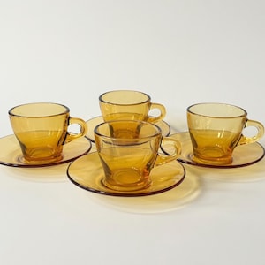 MCM Amber Glass Espresso Cups & Saucers Orange Tempered GlassItalian Glassware, 4 two-piece sets