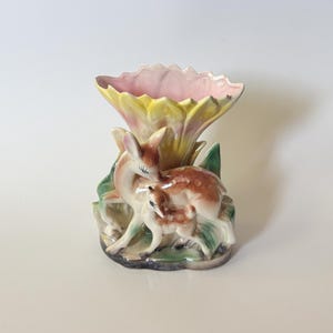 1950-talets lustreware hjort- och fawntulpanvas - Vintage nyckfull kitsch keramik