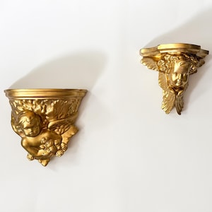 Vtg Gold Floating Neoclassical Cherub Shelves Plaster w/ Cute Angel Mount Trinket Display Shelves 2pc Set