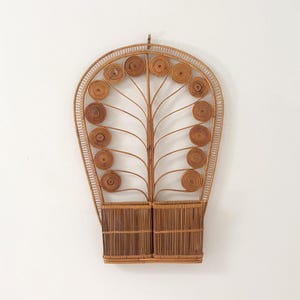 1970s Rattan Mail Holder Wall Organizer w/ Tree of Life Peacock Motif - Retro Boho Entryway Decor
