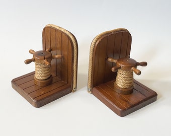 Vtg Nautical Bookends Wood Mooring Bollards & Rope 2pc Set