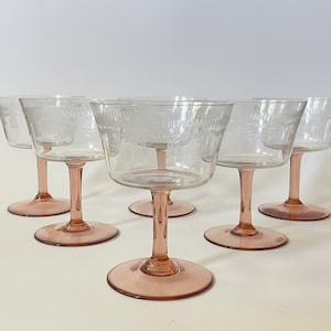 Vtg Pink Stem Wine Glasses w/ Etched Clear Squared Bowls 6pc Set