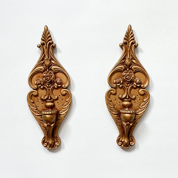 Vtg Ornate Wood Candle Sconces Gold w/ Rose & Leaf Design  2pc Set