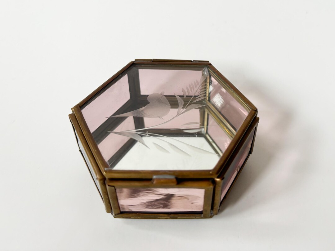 Vtg Pink Glass Jewelry Box Hexagonal W/ Etched Bird Design & Brass ...