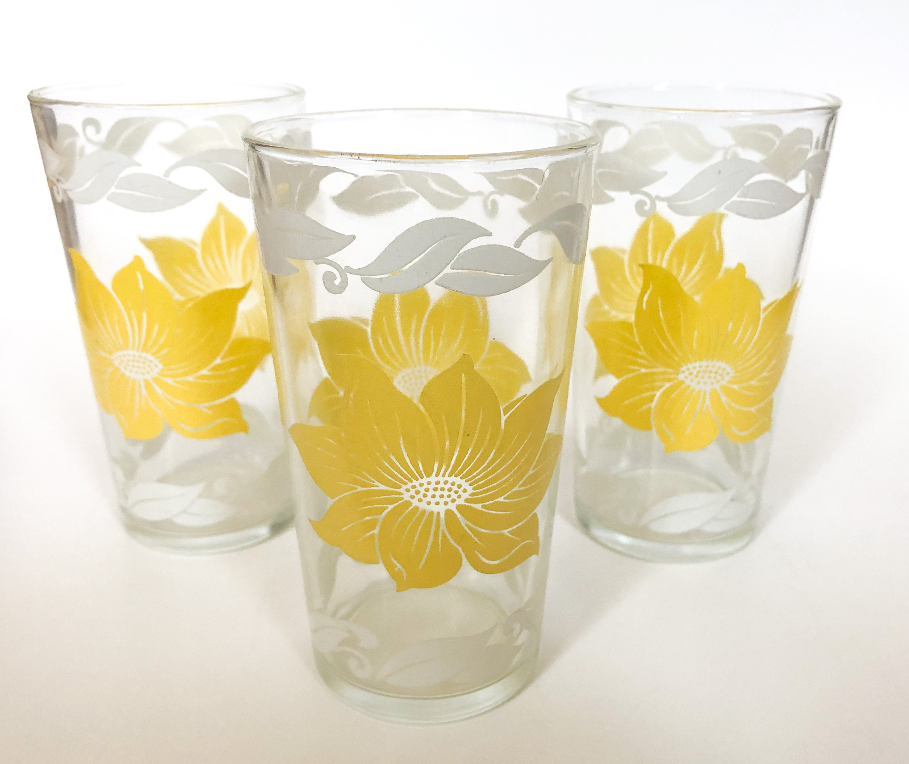 Vtg Drinking Glasses Yellow & White Floral Highball Glasses Etsy