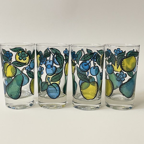 Vtg Duralex Juice Glasses w/ Coloured Pear, Peach, Cherry & Flower Imagery in Blue, Green, and Yellow