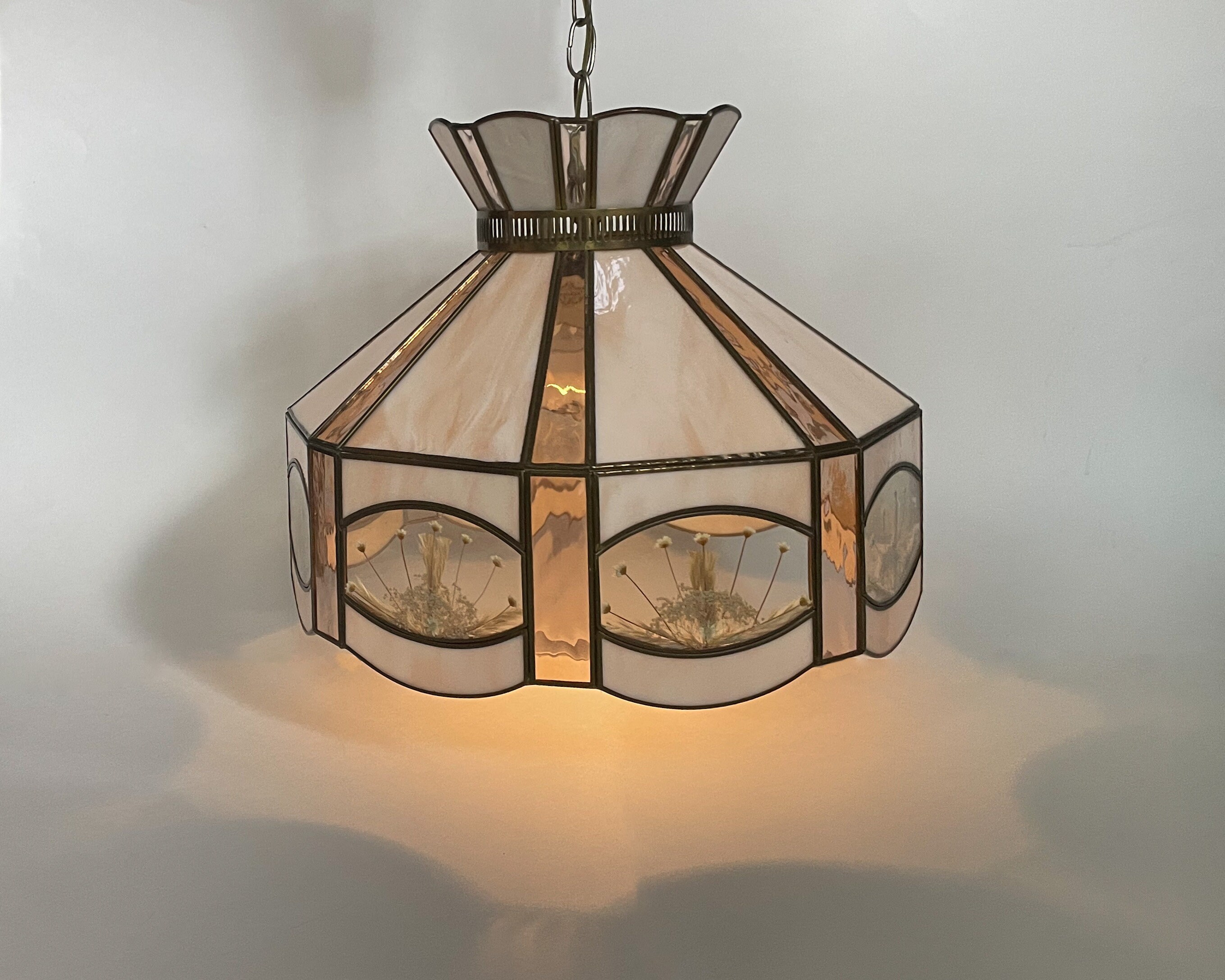 Vtg Pink Stained Glass Pendant Lamp W Enclosed Pressed Dried