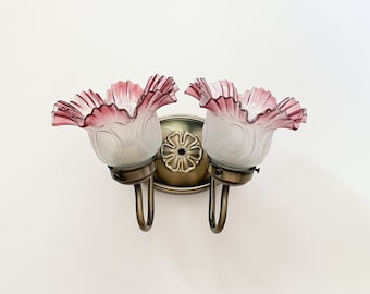 Vtg Art Nouveau Electric Sconce Brass Mount w/ Pink & Frosted Pressed Ruffled Shades Double Sided Bathroom Vanity Light