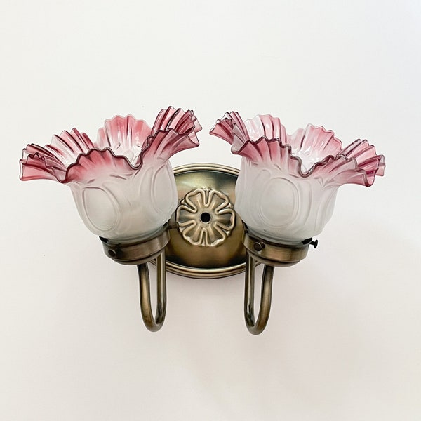 Vtg Art Nouveau Electric Sconce Brass Mount w/ Pink & Frosted Pressed Ruffled Shades Double Sided Bathroom Vanity Light