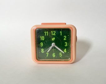 Retro 90s Table Clock in Peach Plastic w/ Green Luminescent Dial