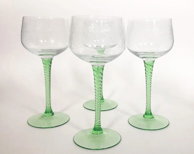 Alsace Wine Glasses W/ Green Twisted Stem & Etched Grapevine Design
