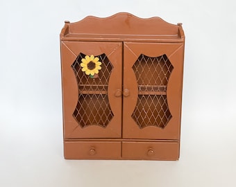 Vtg Wood Spice Cabinet Wall Mounted Painted Solid Wood w/ Drawers & Metalwork Doors + Sunflower Charm