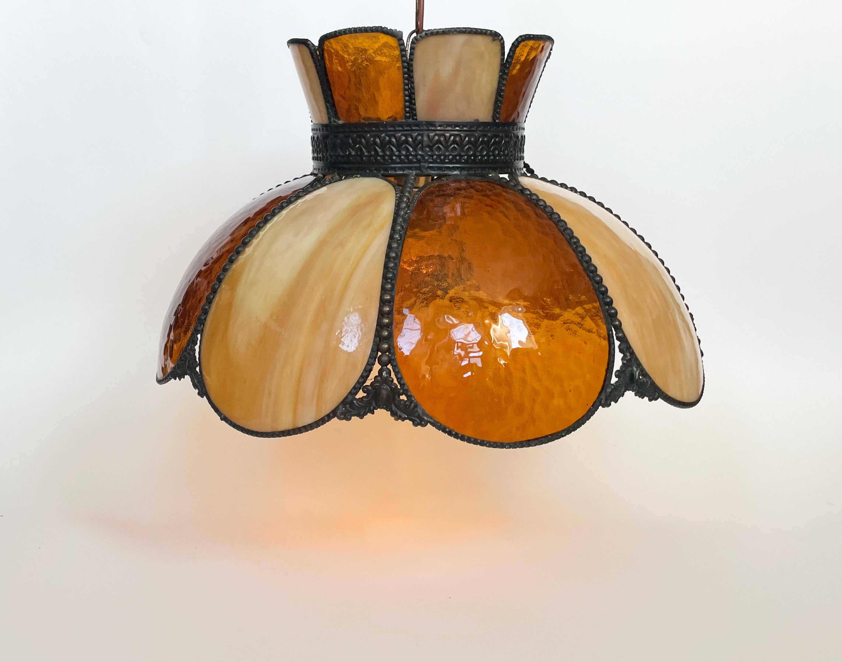 Vtg Slag Glass Pendant Lamp Art Nouveau Style Alternating Amber