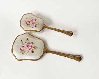 Vtg Vanity Brush & Mirror Set Upholstered Embroidered Hairbrush and Hand Mirror w/ Ornate Gold Handle and Framing