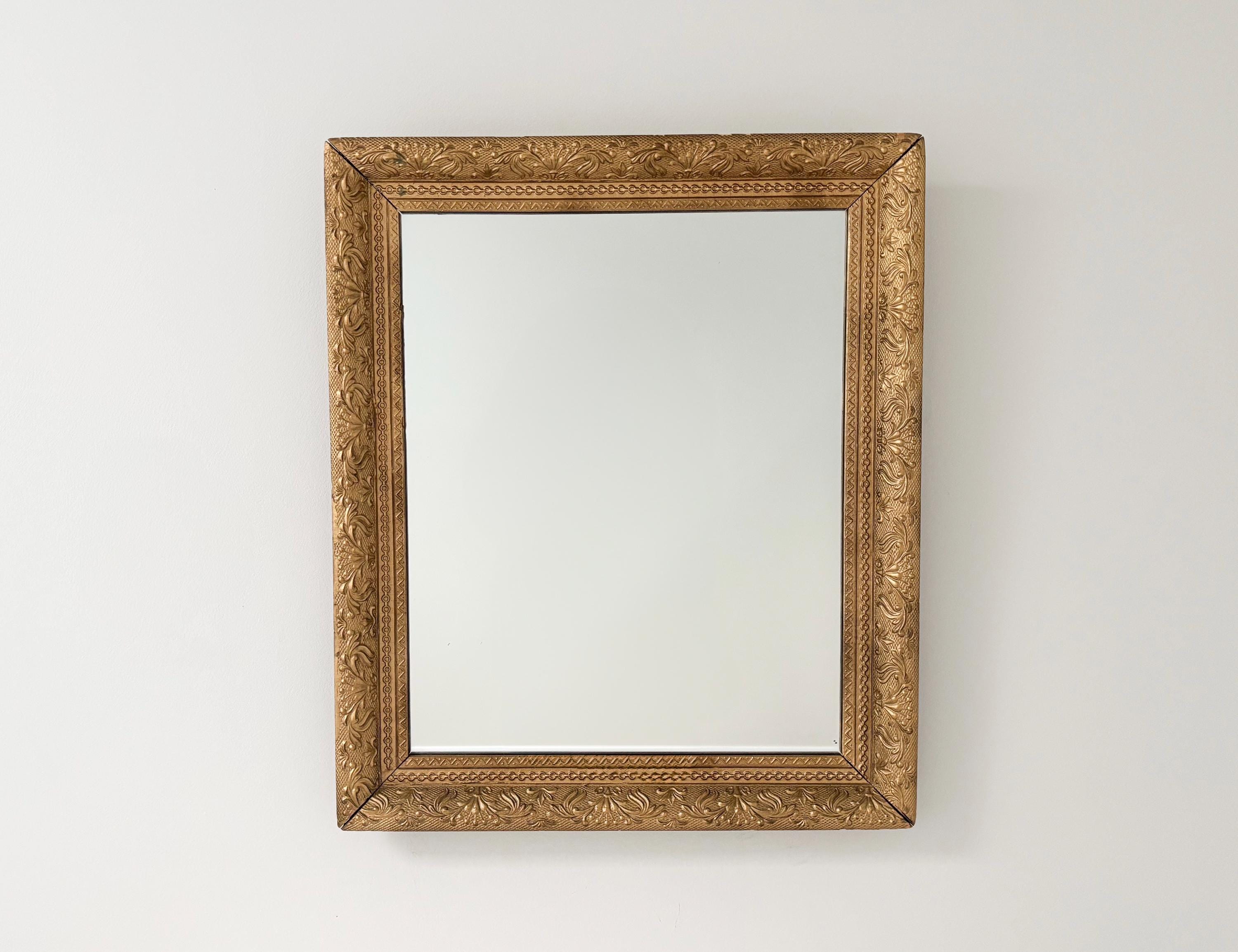 Large Midcentury Ornate Gold Wall Mirror Carved Wood Look w/ Gold Finish & Leaf Flourish Border Powder Room Mirror