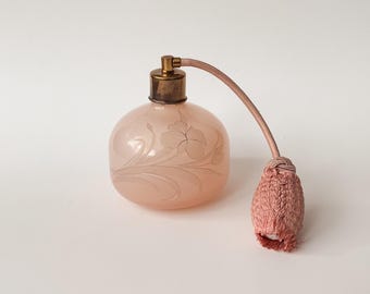 Vintage rosa blommig parfymflaska med förångare, endast dekorativ