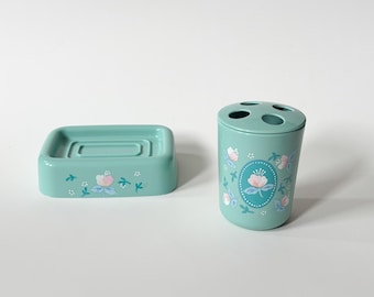 Retro Teal Floral Bathroom Set Soap Dish & Toothbrush Holder Acrylic w/ Ponk Flowers