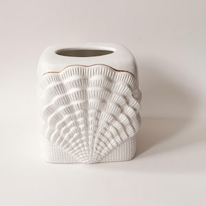 1990s Seashell & Seaweed Tissue Box Cover, White Ceramic Cube Allure Facial Tissue Box Cover Beach Themed Decor