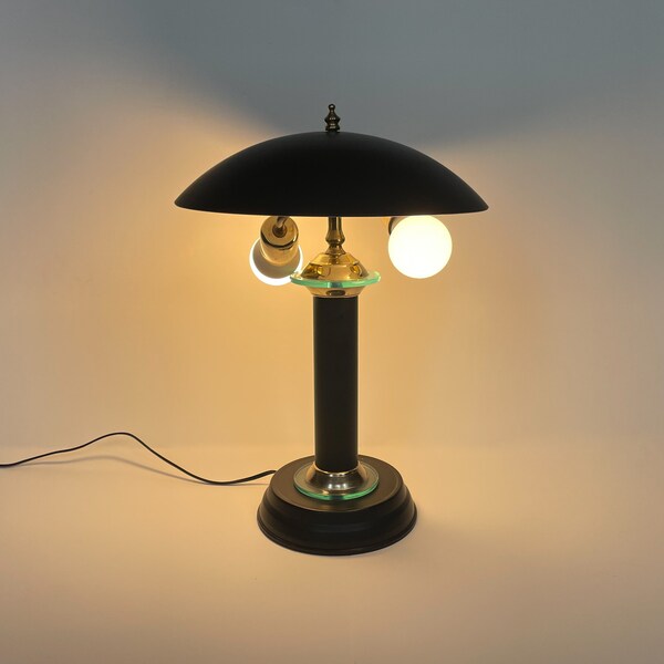 1980s Mushroom Tri-Tone Touch Lamp Postmodern Memphis Style Art Deco Revival Black Metal Saucer Desk Lamp