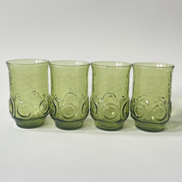 Ensemble de 4 verres à jus d'olive VTG Anchor Hocking Heritage Hill Pressé vert avocat en verre texturé