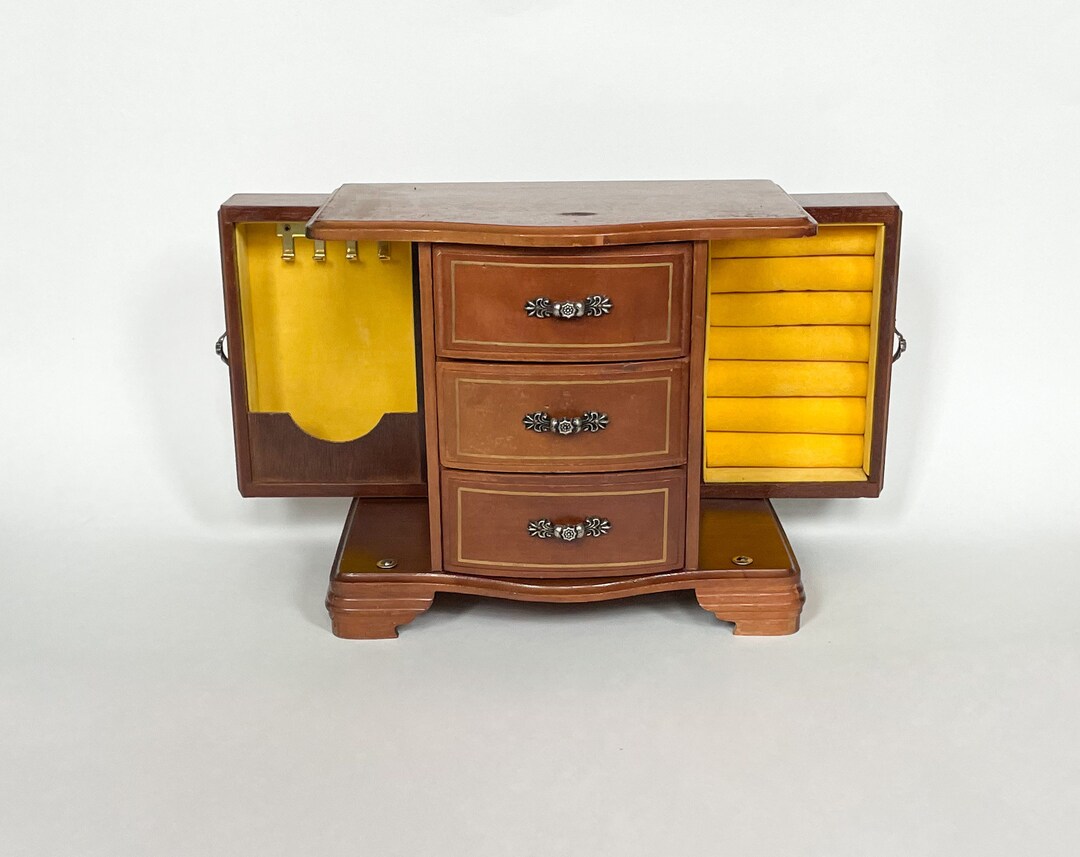 Vtg Wood Jewelry Box W/ 3 Drawers & 2 Swingout Vertical Drawers Solid