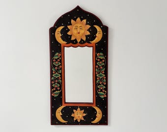 Vtg Moon & Sun Tall Wall Mirror Folk Art Style Celestial New Age Revival Theme Arabesque Crown