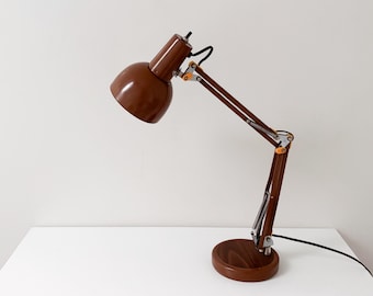 Lampa biurkowa z połowy XX wieku, brązowa, imitacja drewna, lampa kreślarska z przegubem