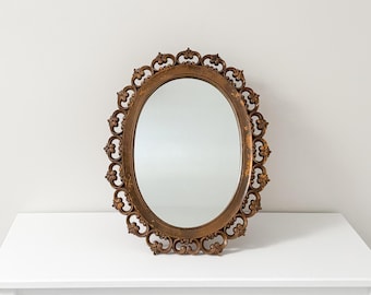 1950s Ornate Mirror Freestanding or Wall Mounted w/ Antique Gold Finish by Syroco Resin & Wood Fibre Scalloped Mirror