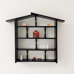 Vtg Wood Trinket Shelf House Shaped in Black Cherry Stain w/ 4 Tiers and Spindle Supports Wall Curio Display