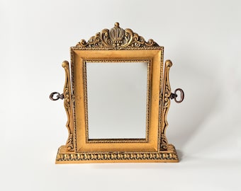 Vtg Vanity Mirror Ornate Gold Wood Look Victorian Style Freestanding Swivelling Gold Makeup Mirror