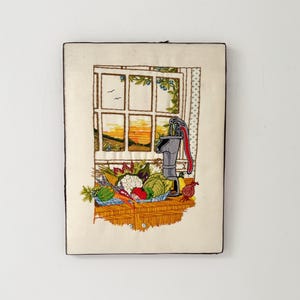 Retro Scenic Farmhouse Crewel Vegetables & Sunset Landscape Colourful Vintage Handmade Wall Art