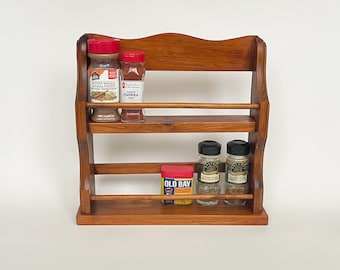 Vtg Wood Spice Rack 2-Tier Wall Mounted Solid Wood Spice Storage Shelf
