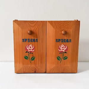 Vtg Handmade Wood Spice Cabinet Solid Wood w/ Cedar Stain & Hand Painted Rose Design Wall Mounted