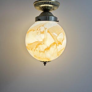 Vtg Globe Ceiling Light w/ Brass Canopy Orange Marbled Opaque Glass Spherical Shade Flush Mount Fixture