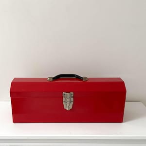Vintage Red Metal Tool Box w/ Removable Organizer Tray - Classic Industrial Utility Storage Container - Portable Workshop Caddy