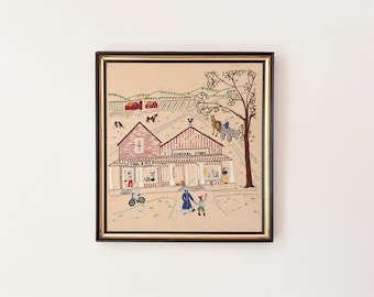 Vintage-Stickerei im Rahmen – Volkskunst mit Motiven aus einem ländlichen Gemischtwarenladen und einer Bauernhofszene – Rustikale amerikanische Dorfstickerei