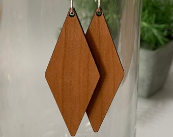 Simple Diamond Earring, Lightweight Earring, Laser Cut Earring Cherry Wood, Dangle Earrings, Minimalist Design, Gifts for Her, Wood Jewelry