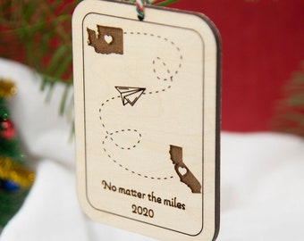 No matter the miles holiday ornament | Long Distance Ornament, Paper Airplane Ornament, State to State Ornament