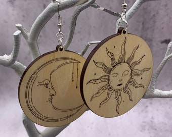 Sun & Moon Wood Earrings, Mismatched | Laser-Cut Maple Wood Earrings, Gifts for Her, Statement Earrings, Celestial Design