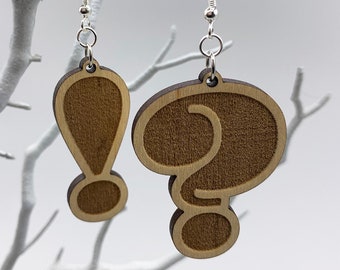 What the?!?! Earrings -Grammar themed Laser-Cut Cherry Wood Earrings, Question mark, Exclamation mark