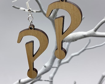 Interrobang ‽ Earrings -Grammar themed Laser-Cut Cherry Wood Earrings, Question Exclamation